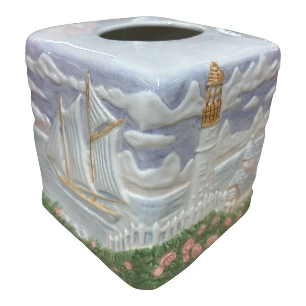 Vintage 1980s Handpainted Ceramic Tissue Box Cover Lighthouse Nautical Cottage